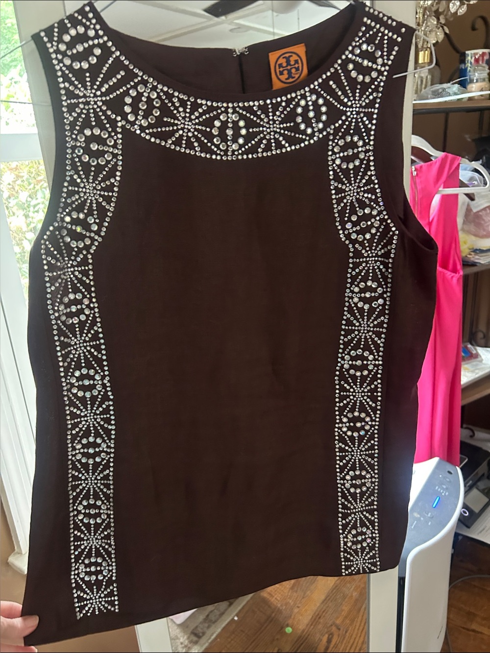 Tory Burch Crystal Embellished Linen Top, Brown, Size 10
